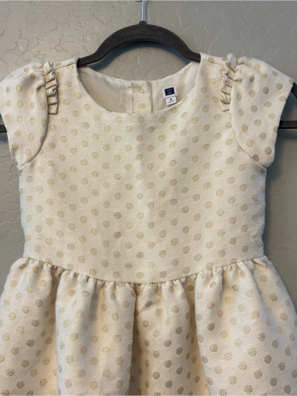 Janie and Jack ivory and gold shimmer polka dot ruffled holiday dress size 8